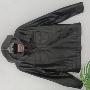 Levi Strauss Black/Gray Faux Leather Truckers Jacket w/ Hoodie, Men's Medium